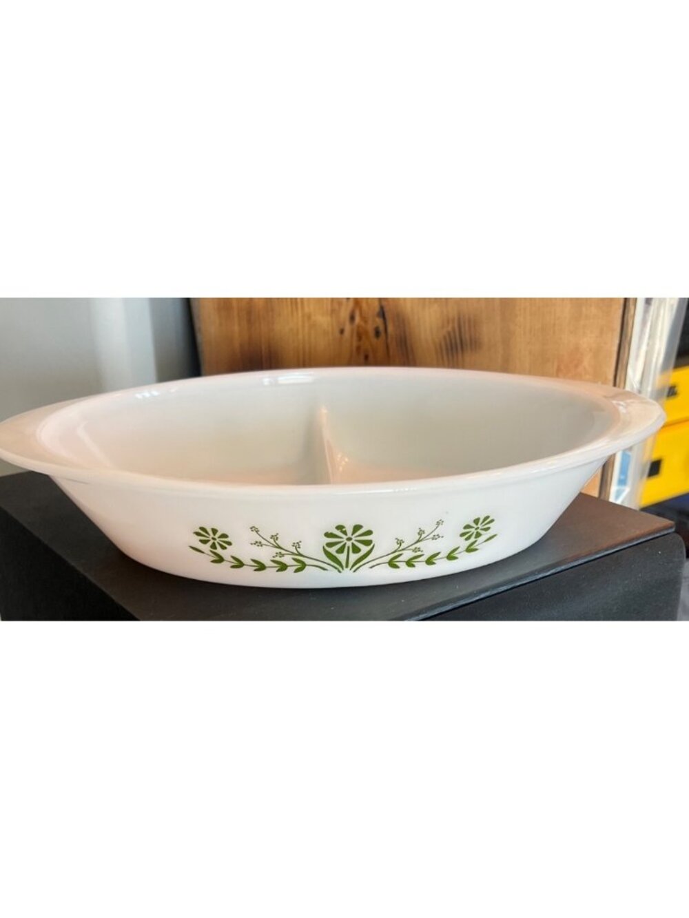 Vintage milkglass divided casserole dish, Glasbake, MCM, green daisy